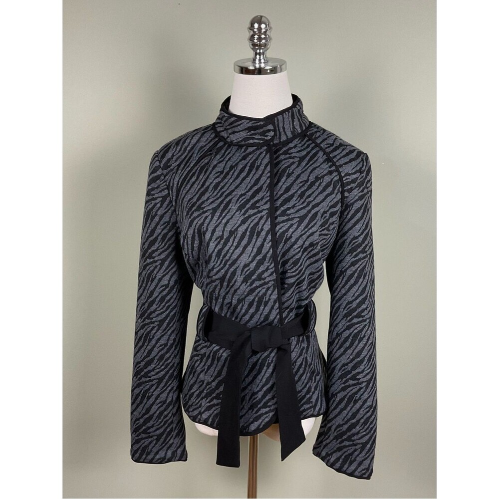 Sandro Zebra Print Blazer Gray & Black Belted Jacket Sz Lg